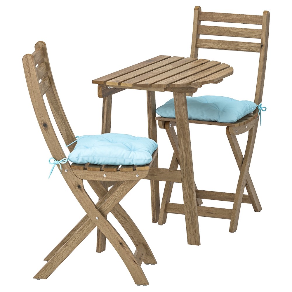 АСКХОЛЬМЕН Стол+2 складных стула, д/сада, серо-коричневая морилка, Куддарна синий голубой
