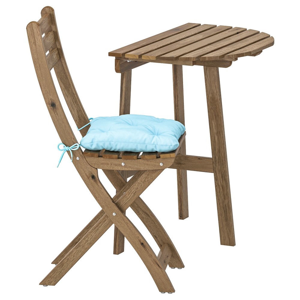 АСКХОЛЬМЕН Стол+1 складной стул, д/сада, серо-коричневая морилка, Куддарна синий голубой