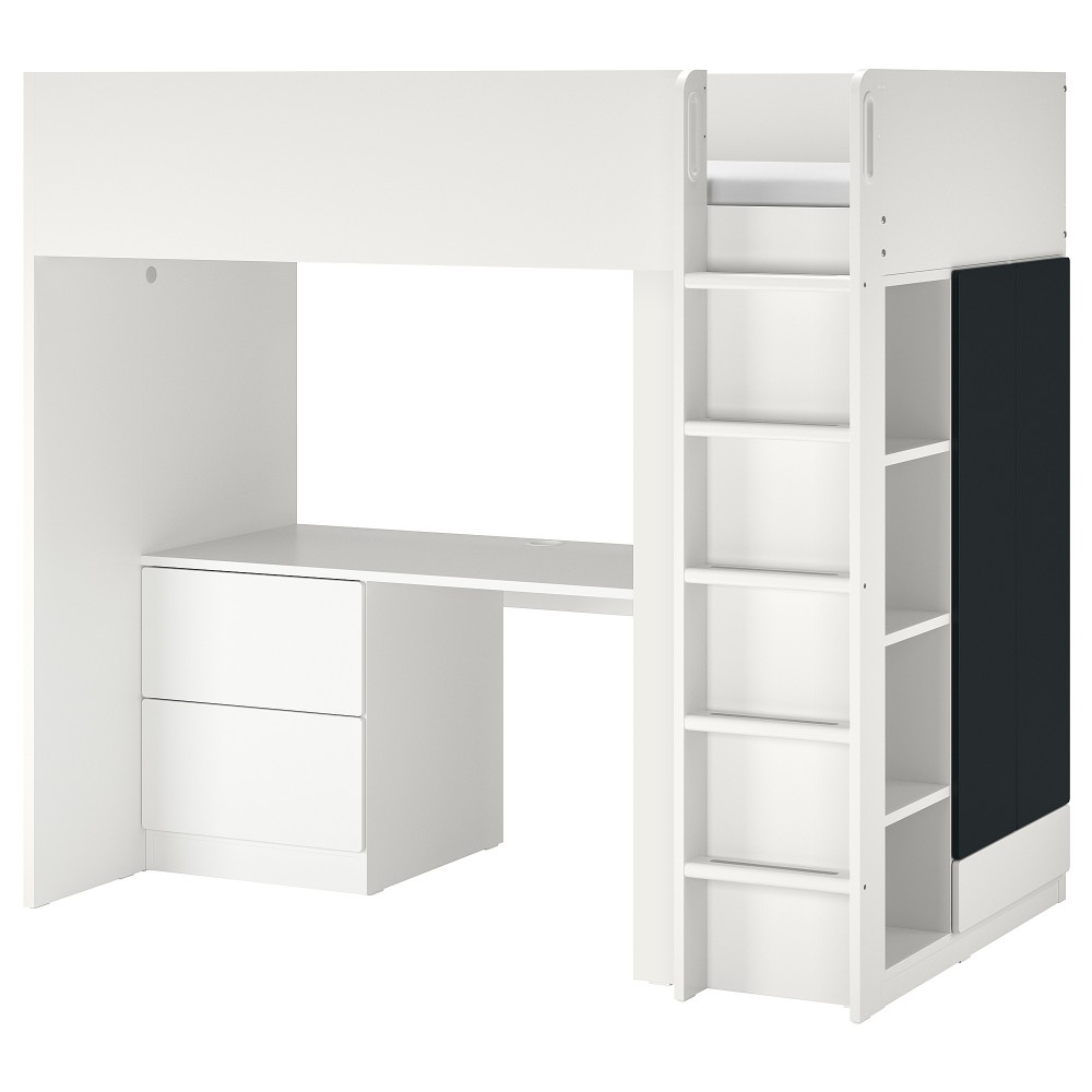 СМОСТАД Кровать-чердак, белый поверхность доски для записей, с письменным столом с 3 ящиками