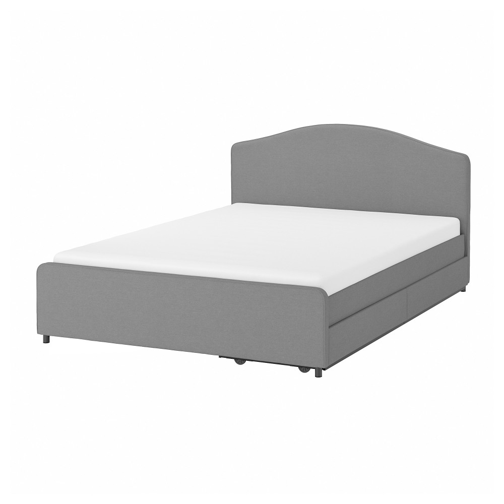 ХАУГА Кровать с обивкой,2 кроватных ящика, Висле серый