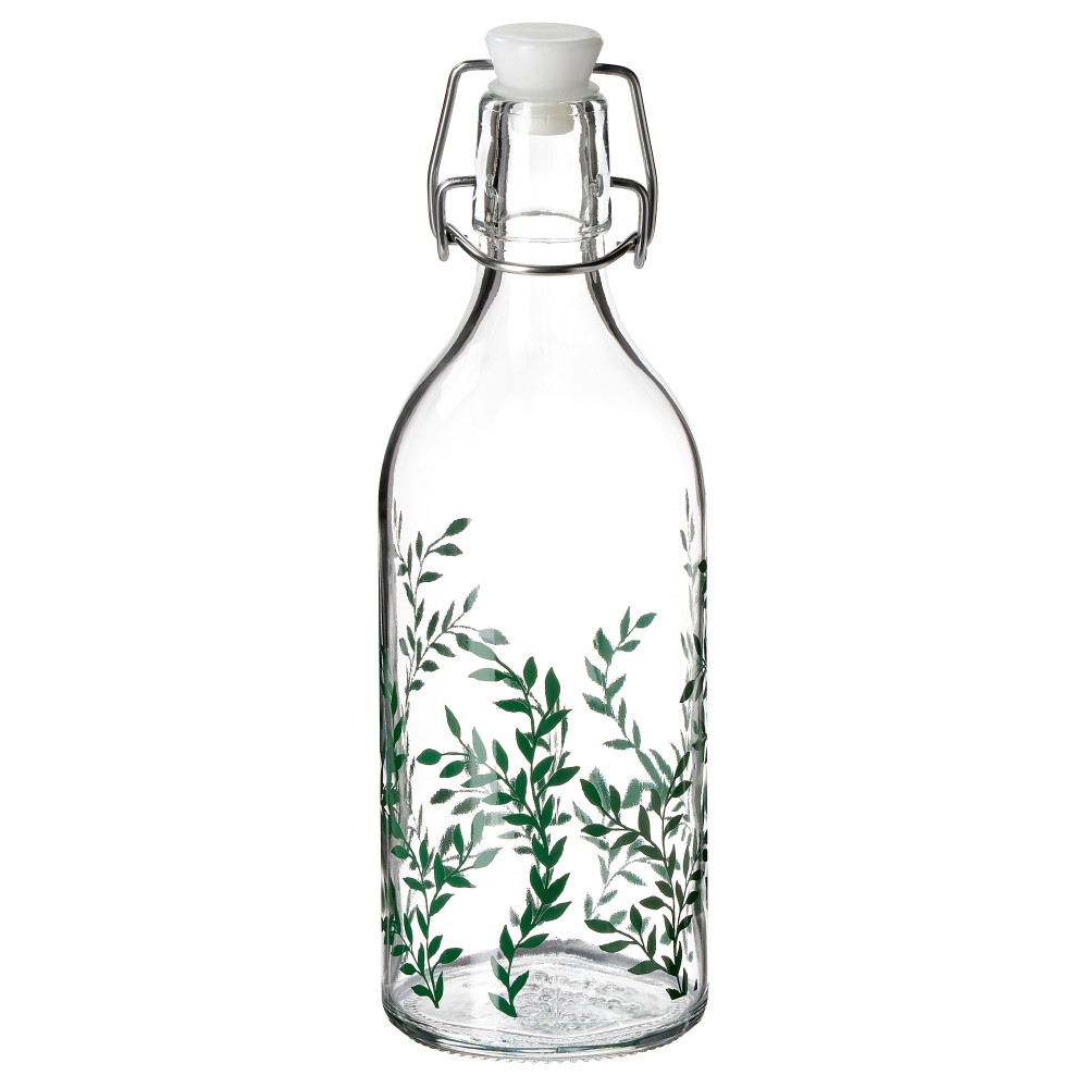 КОРКЕН Бутылка с пробкой, прозрачное стекло, с рисунком зеленый