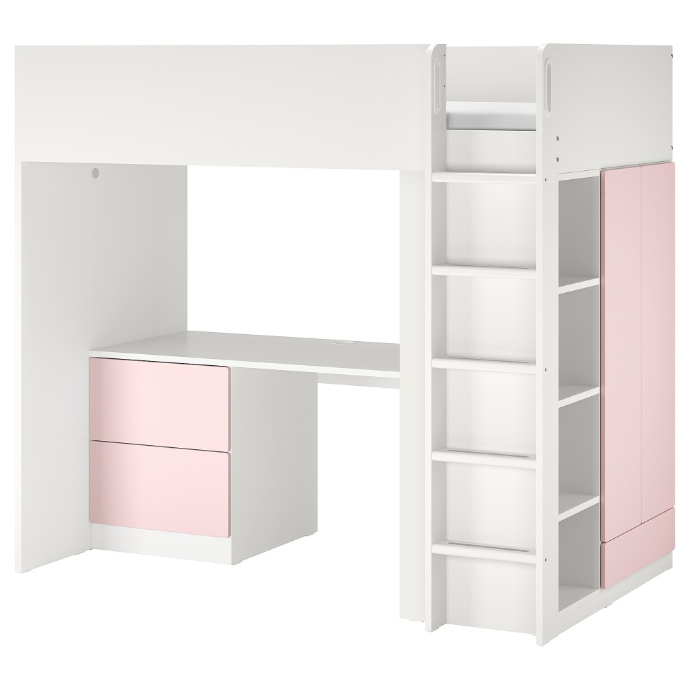 СМОСТАД Кровать-чердак, белый бледно-розовый, с письменным столом с 3 ящиками