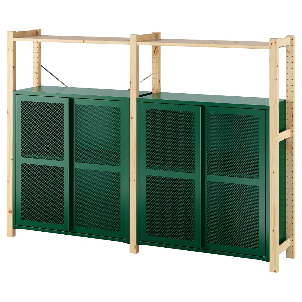 ИВАР 2 секции/полки/шкафы, сосна, зеленый сетка