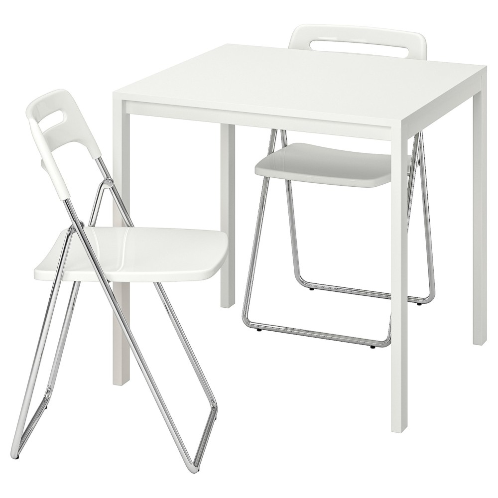 МЕЛЬТОРП / НИССЕ Стол и 2 складных стула, белый, белый