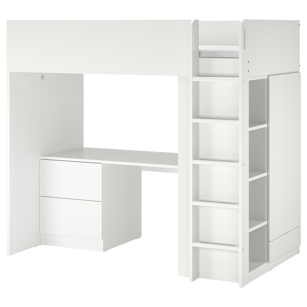 СМОСТАД Кровать-чердак, белый белый, с письменным столом с 3 ящиками