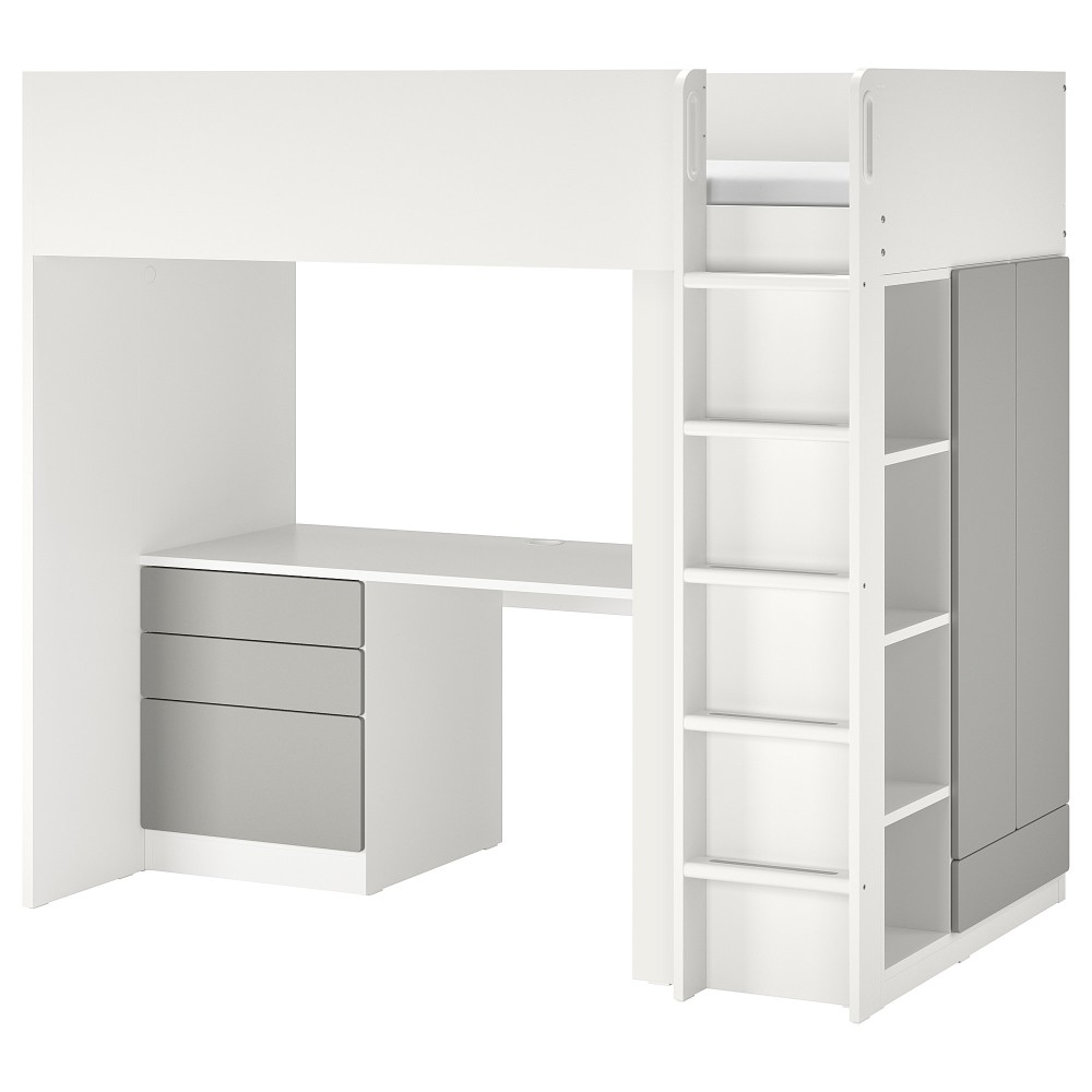 СМОСТАД Кровать-чердак, белый серый, с письменным столом с 4 ящиками