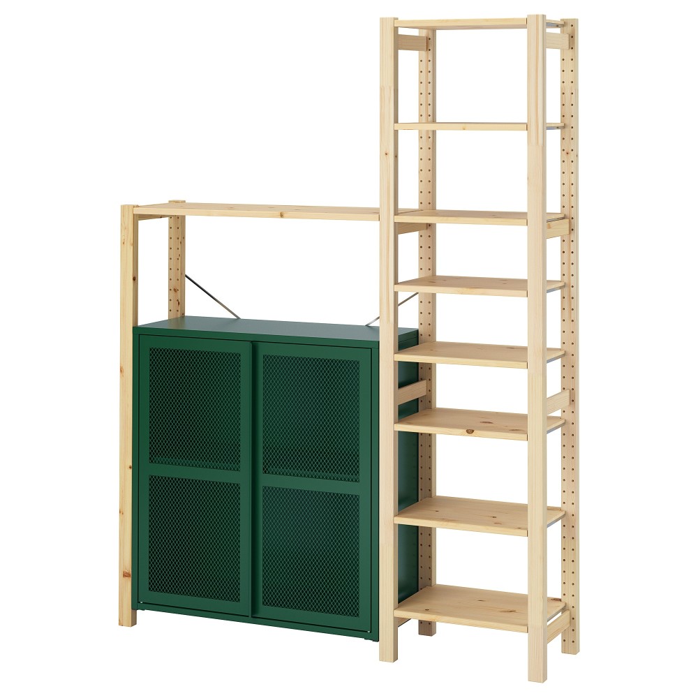 ИВАР Стеллаж со шкафами/ящиками, сосна, зеленый сетка