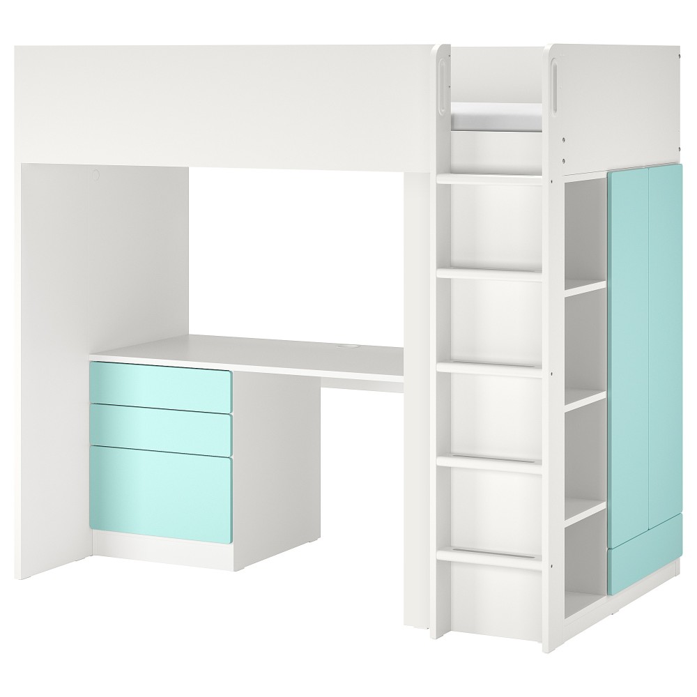 СМОСТАД Кровать-чердак, белый бледно-бирюзовый, с письменным столом с 4 ящиками