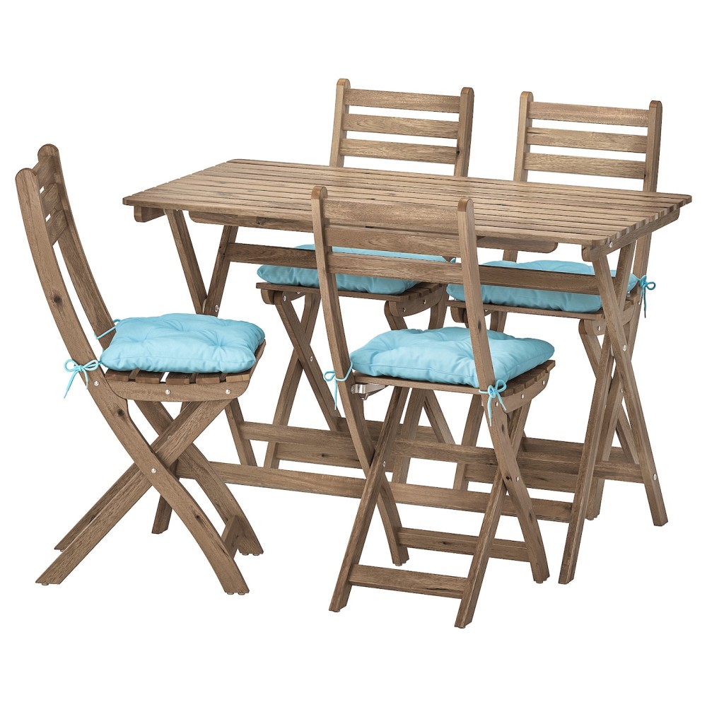 АСКХОЛЬМЕН Стол+4 складных стула, д/сада, серо-коричневая морилка, Куддарна синий голубой