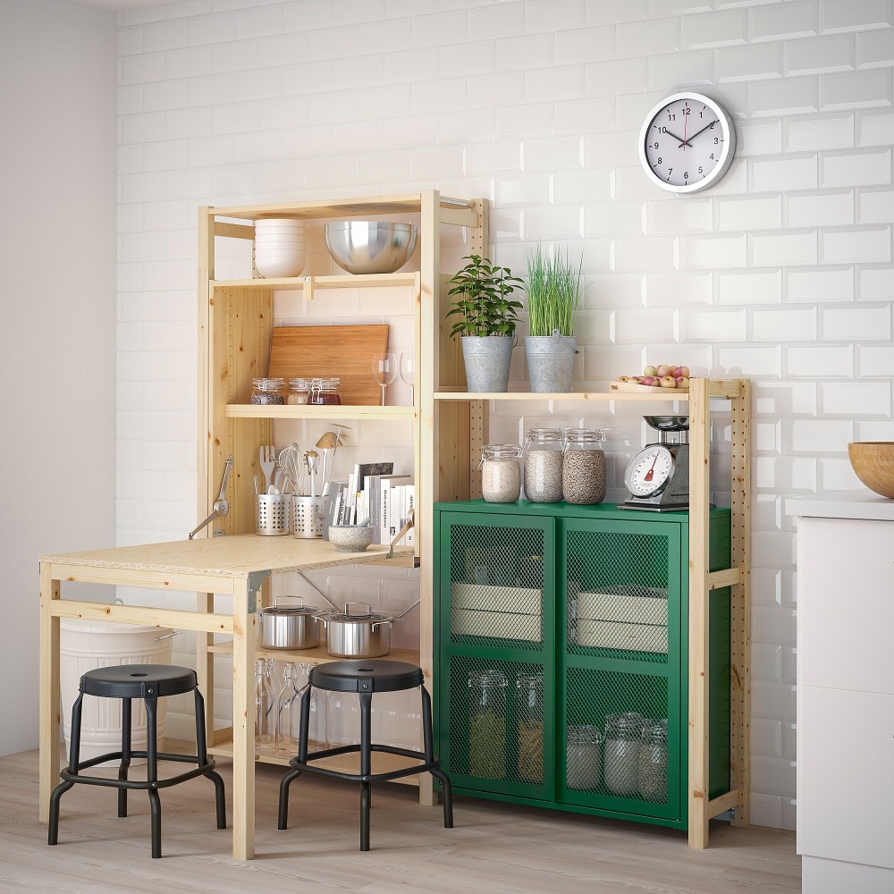 ИВАР Стеллаж со столом/шкафами/ящиками, сосна, зеленый сетка