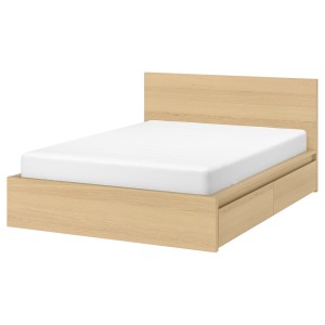 МАЛЬМ Каркас кровати+2 кроватных ящика, дубовый шпон, беленый, Леирсунд