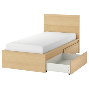 МАЛЬМ Каркас кровати+2 кроватных ящика, дубовый шпон, беленый, Леирсунд