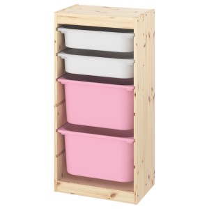 ТРУФАСТ Комбинация д/хранения+контейнеры, светлая беленая сосна белый, розовый