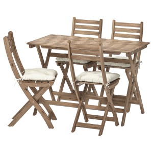 АСКХОЛЬМЕН Стол+4 складных стула, д/сада, серо-коричневая морилка, Куддарна бежевый