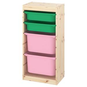 ТРУФАСТ Комбинация д/хранения+контейнеры, светлая беленая сосна зеленый, розовый