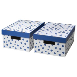 ПИНГЛА Коробка с крышкой, точечный, синий, 2шт