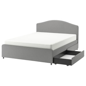 ХАУГА Кровать с обивкой,2 кроватных ящика, Висле серый