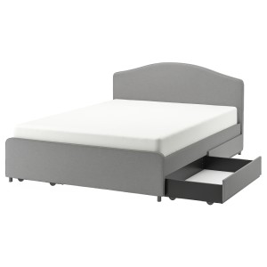 ХАУГА Кровать с обивкой,4 кроватных ящика, Висле серый